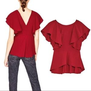 ZARA - Elegant Red Ruffle Sleeve Top